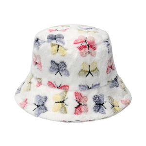 Plush white bucket hat with colorful butterfly pattern for winter facial slimming effect