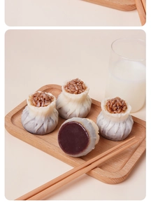 Macro shot of realistic Shumai models with purple rice topping on a wooden tray