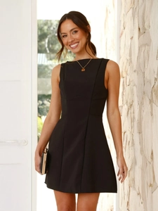 Detail of a black sleeveless A-line dress with elegant round neck and smooth texture