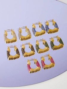 U-shaped gold earrings with colorful zircon stones in five vibrant color variations