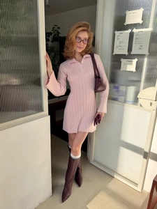 Pink lapel long-sleeved knit mini dress with a slim fit waist and textured fabric