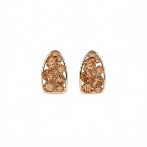 Elegant gold U-shaped hoop earrings with sparkling champagne rhinestones on white background