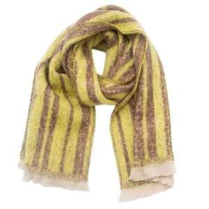 Close-up of yellow and brown striped knit scarf with soft texture and frayed edges