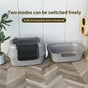 Grey large cat litter box with dual fully and semi-enclosed switching modes