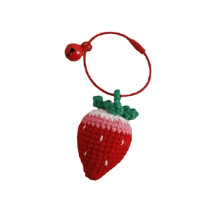 Handmade crochet strawberry charm with red bell and steel ring for bag decoration
