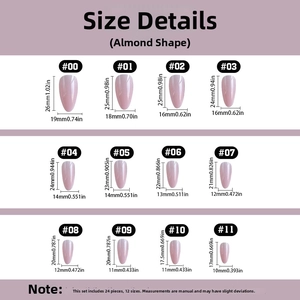 Size chart for French almond press-on nails featuring 24 pieces in 12 different sizes