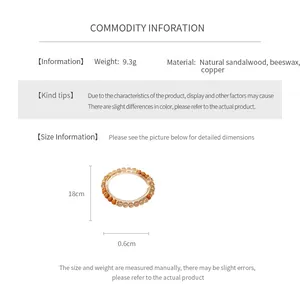 Tableau des tailles du bracelet en bois de santal montrant le poids 9,3g et 18cm