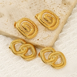 Geometric Stud Earrings 18K Gold Plated 304 Stainless Steel Waterproof Hypoallergenic Textured Hammered Spiral Interlocking For Women