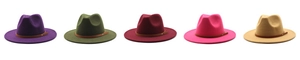 Classic wool fedora hats in five colors featuring brown leather bands and metal rivets