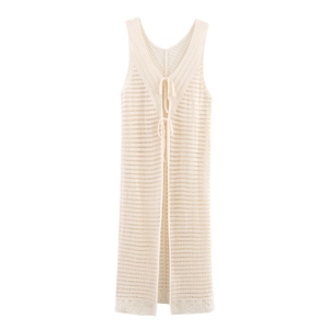 Crochet Knit Vest Women Summer Hollow Out V-Neck Front Tie Longline Sleeveless Beach Cover Up Polyester