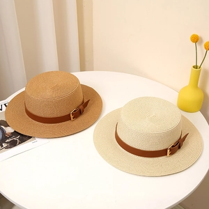 British style wide brim straw boater hats in beige and camel with leather band decoration