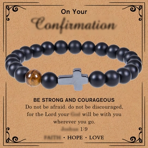 Natural Stone Beaded Bracelet With Tiger Eye Matte Agate And Alloy Cross Charm Religious Greeting Card Gift For Men Women