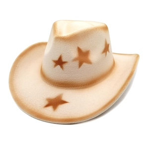 Detail of western wool felt cowboy hat with vintage star patterns and rolled brim