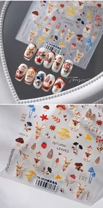 Close-up of 5D forest rabbit and mushroom nail art stickers with matte texture details