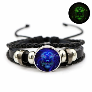 Luminous Leo zodiac sign braided leather bracelet with adjustable metal clasp detail