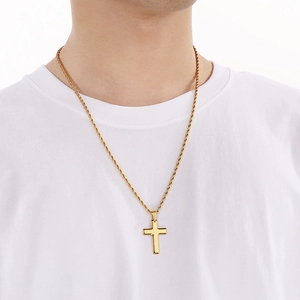 Men's minimalist gold titanium cross pendant necklace with stylish twist rope chain