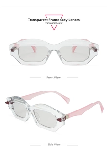 Front and side view of geometric polygon sunglasses with transparent frame and gray lenses