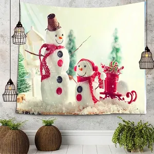Christmas wall tapestry with knitted snowmen and red sled for cozy holiday home decor