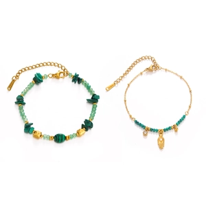 Ensemble de bracelets bohème en malachite avec breloque main de Fatma dorée et zircon