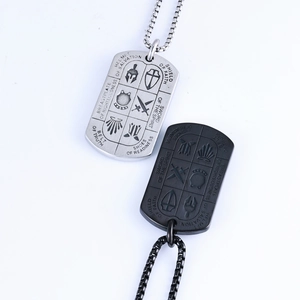 Silver and black stainless steel dog tag necklaces with engraved religious motifs