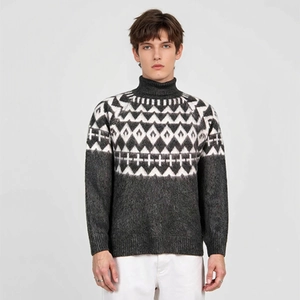 Men's turtle neck knit sweater with Nordic geometric jacquard pattern in dark grey