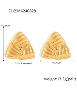 Macro shot showing dimensions and titanium steel texture of gold triangle earrings