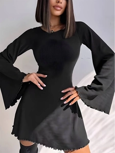 Vestido Corto Sexy De Punto Acanalado Para Mujer Color Sólido Manga Larga Acampanada Cuello Redondo Espalda Descubierta