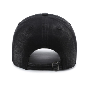 Rear view of vintage black washed denim baseball cap with adjustable metal buckle closure