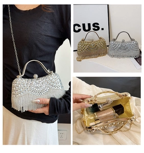 Detailed interior storage space and dual-color rhinestone fringe evening bag showcase