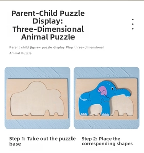 Educational 3D wooden elephant puzzle showing base board and blue assembly pieces