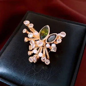 Vintage French Court Style Brooch Pin Gold Plated Copper With Green Zircon And Faux Artificial Pearl Elegant Jewelry For Women