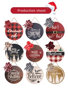 Set of nine 28cm round wooden Christmas signs with decorative bows and festive motifs