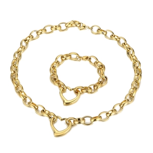 Golden stainless steel chain jewelry set featuring hollow heart pendants on necklace and bracelet