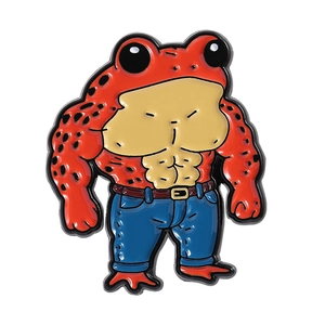 Creative cartoon strong red muscular frog enamel pin badge with blue jeans and 6-pack abs