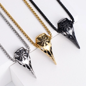 Gothic Viking raven skull pendants in silver, gold, and black finishes on chains