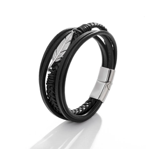 Men Multi-layer Leather Bracelet Stainless Steel Feather Charm Woven Braided Bangle Punk Vintage Casual With Magnetic Clasp