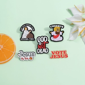 Funny cartoon enamel pins set featuring religious art humor on light mint background