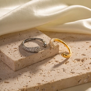 18K gold and silver plated open rings with white zircon inlay on beige stone and silk