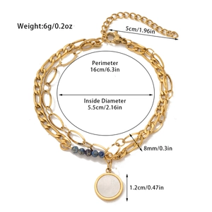 Detailed size specifications for a gold titanium bracelet with blue beads and pendant