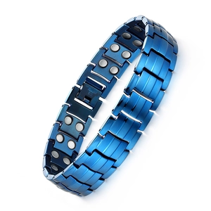 Blue titanium steel magnetic therapy bracelet for men with polished stainless steel clasp