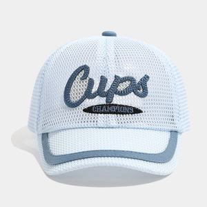 Detail of baby breathable mesh cap with blue CUPS and CHAMPIONS 3D letter embroidery