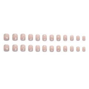 Short French pink press-on nails set with aurora silver stars and 24-piece oval tips
