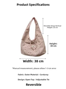 Pink floral corduroy reversible tote bag showing 38cm width and 30cm height details