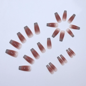 Faux ongles longs forme cercueil avec dégradé gris et marron brillant lot de 24