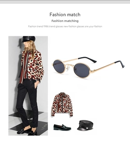 Detailed fashion lookbook of retro oval metal sunglasses with yellow ocean lenses