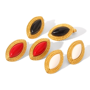 French vintage marquise resin earrings in black, red and white with gold textured borders