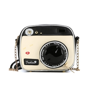 Harajuku camera-shaped crossbody bag in black and white PU leather with dual straps