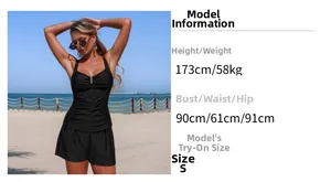 Size chart detail for black tankini set with model measurements and fit guide