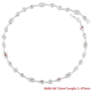 Detail of silver link necklace with multi-shaped colored zircons, 7mm wide and 475mm long