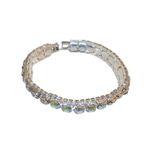 Elegant silver bracelet with geometric clasp and sparkling rainbow rhinestones for women